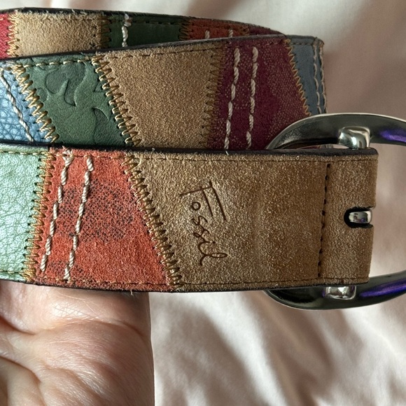 Fossil Patchwork Leather belt Genuine Suede Size M Multi Color Hippy Granny 90s - Picture 1 of 12